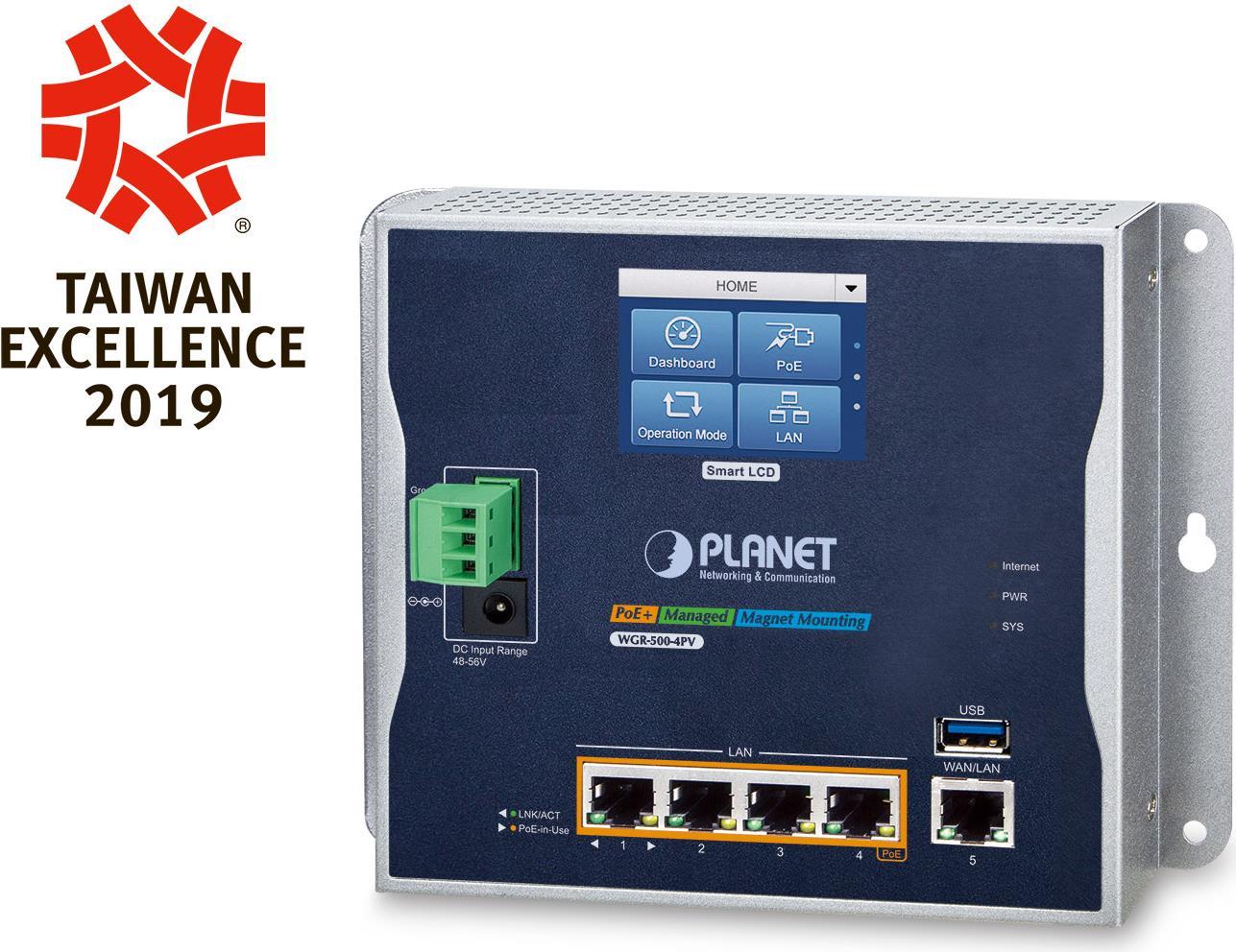 Planet IP30 Industrial Wall-Mount cable router gigabit Ethernet blue - gray (WGR-500-4PV)