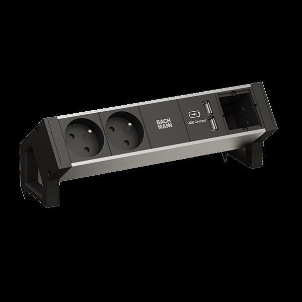 Bachmann Desk2 Alu Black socket unit with IRCH THE OFFER PROTECTION 2XUTE sockets 88.90cm (35) black 1xcustom modules empty 1xusb double charger 5V3.1A supply line 0.2M
