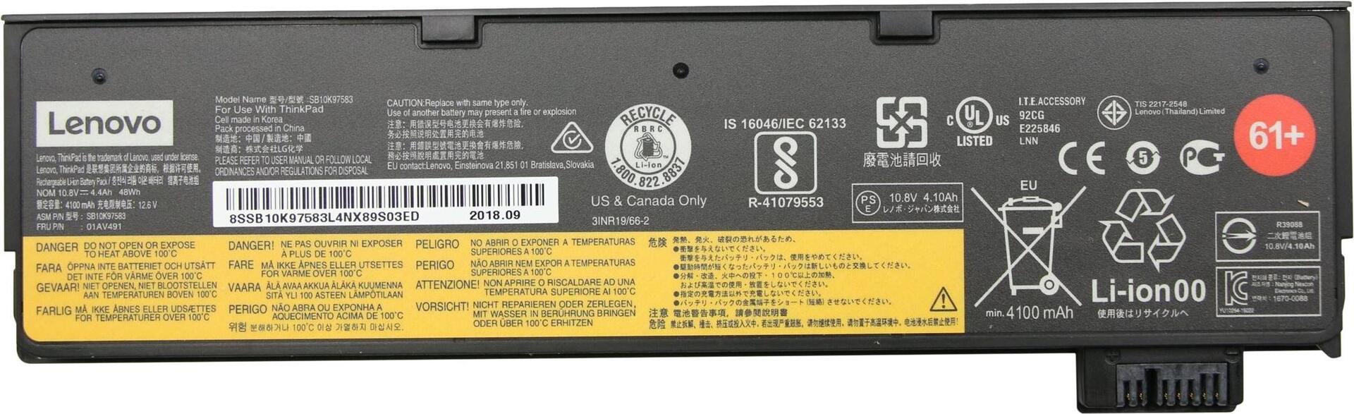 Lenovo - laptop battery - lithium ion - 6 cells - 4400 - 48 WH - FRU - for ThinkPad A485 20mu. 20mv. T470 20HD.