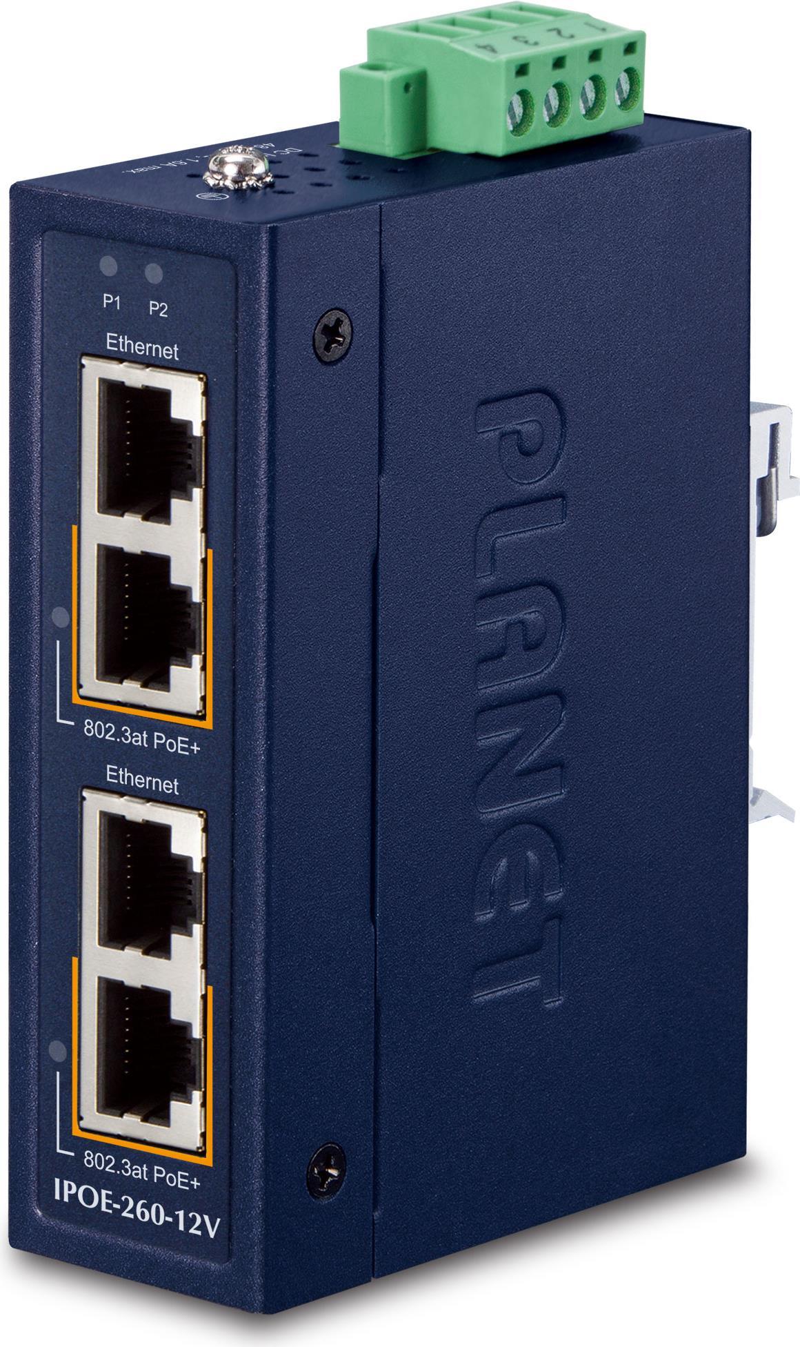 Planet Industrial 2-Port 101001000T Gigabit Ethernet (101001000) Power Over Ethernet (POE) blue (IPOE-260-12V)