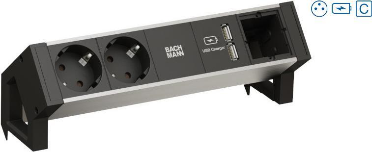 Bachmann Desk2 Alu Black socket unit with IRCH THE OFFER PROTECTION 2XUTE sockets 88.90cm (35) black 1xcustom modules empty 1xusb double charger 5V3.1A supply line 0.2M
